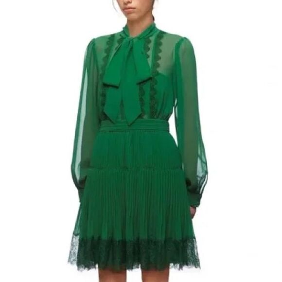 Self Portrait Green Chiffon Long Sleeve Pleated Mini Dress. Size 2. - Picture 1 of 8